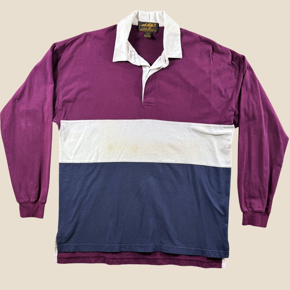 Vintage Eddie Bauer Rugby Shirt Men L Burgundy Navy White Colorblock 90s Preppy